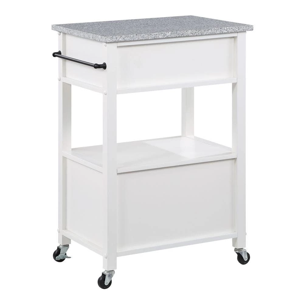 Farmhouse White Painted Kitchen Cart with Drawer and Granite Top by OS Home and Office Furniture 4 Farmhouse White Painted Kitchen Cart with Drawer and Granite Top by OS Home and Office Furniture - Image 3