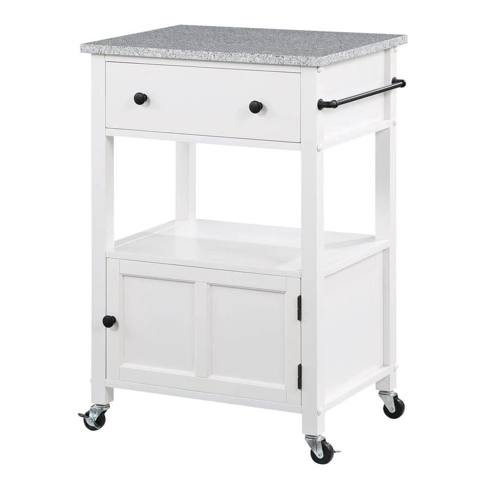 Farmhouse White Painted Kitchen Cart with Drawer and Granite Top by OS Home and Office Furniture 10 Farmhouse White Painted Kitchen Cart with Drawer and Granite Top by OS Home and Office Furniture - Image 9