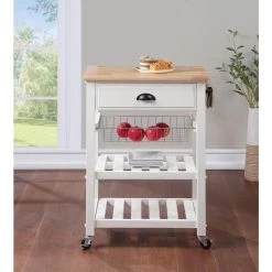 Farmhouse White Painted Kitchen Cart with Drawer and Wood Top by OS Home and Office Furniture
