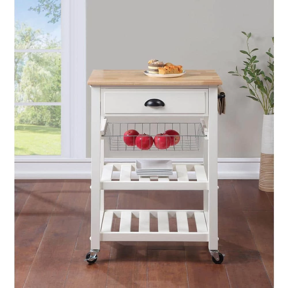 Farmhouse White Painted Kitchen Cart with Drawer and Wood Top by OS Home and Office Furniture 3 Farmhouse White Painted Kitchen Cart with Drawer and Wood Top by OS Home and Office Furniture