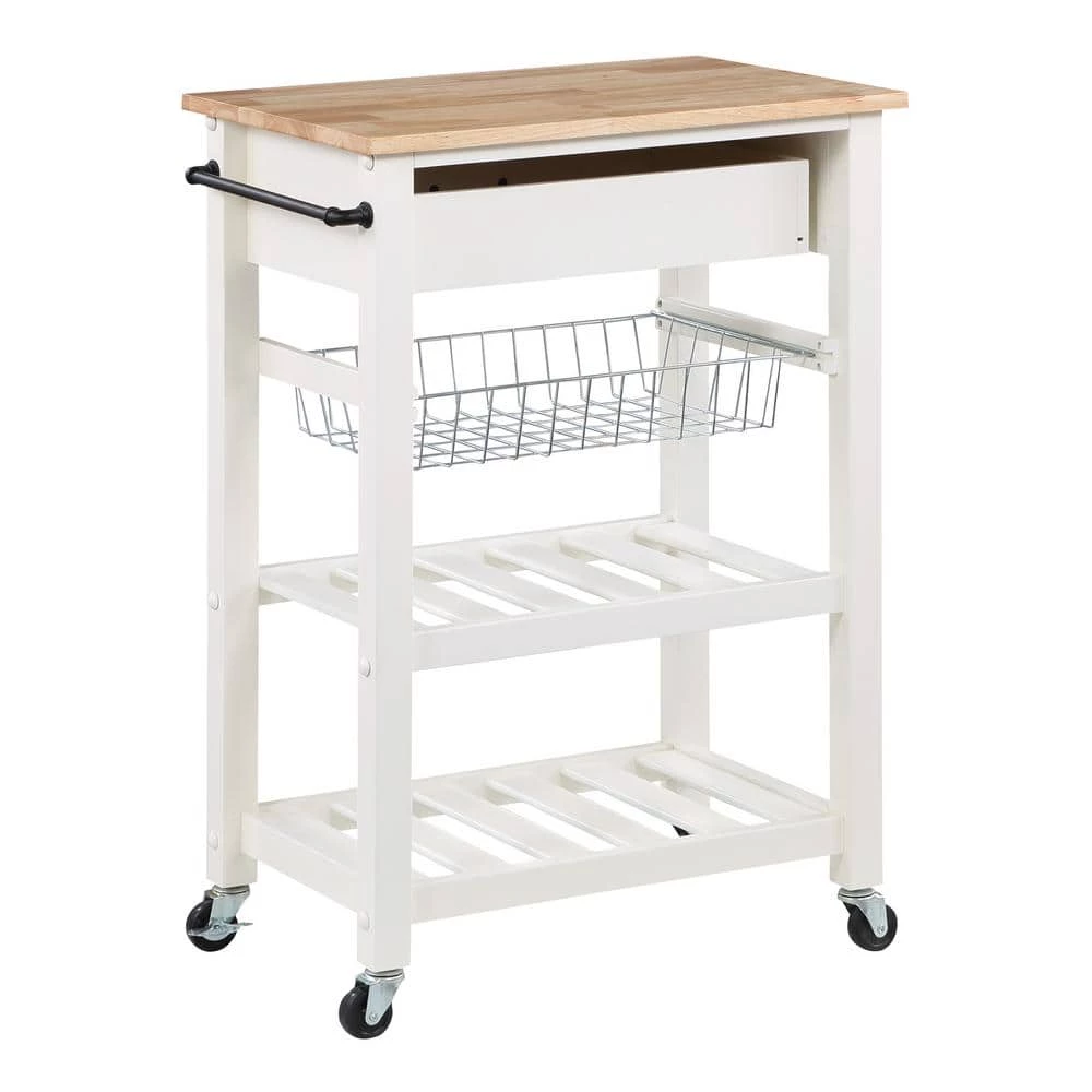 Farmhouse White Painted Kitchen Cart with Drawer and Wood Top by OS Home and Office Furniture 5 Farmhouse White Painted Kitchen Cart with Drawer and Wood Top by OS Home and Office Furniture - Image 3