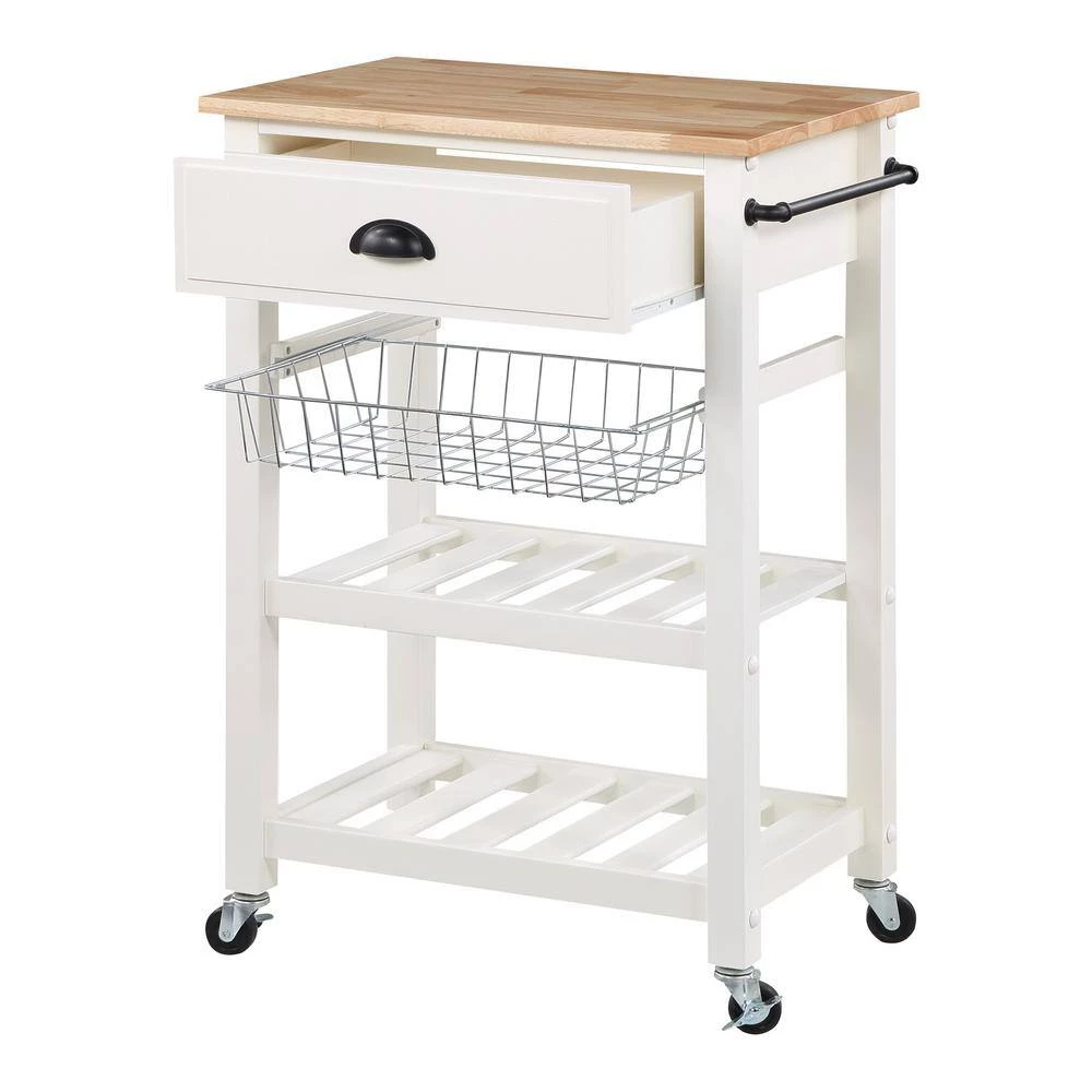 Farmhouse White Painted Kitchen Cart with Drawer and Wood Top by OS Home and Office Furniture 6 Farmhouse White Painted Kitchen Cart with Drawer and Wood Top by OS Home and Office Furniture - Image 4