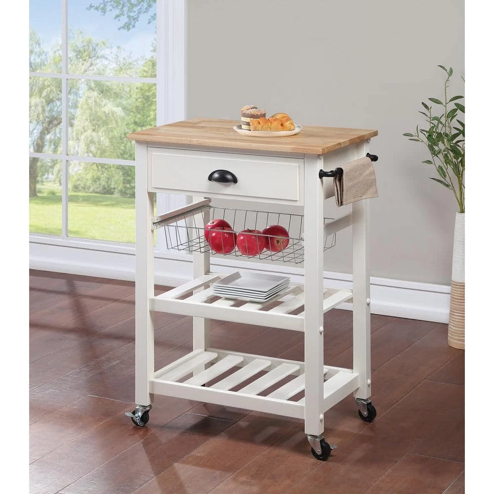 Farmhouse White Painted Kitchen Cart with Drawer and Wood Top by OS Home and Office Furniture 7 Farmhouse White Painted Kitchen Cart with Drawer and Wood Top by OS Home and Office Furniture - Image 5