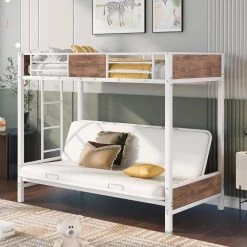 White Twin-Over-Futon Bunk Bed, Metal Futon Bunk Bed Frame with Guardrails and Ladder by Siavonce -OS Home Sales Shop white siavonce bunk beds dj zc lp000196aak 31 1000