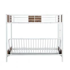 White Twin-Over-Futon Bunk Bed, Metal Futon Bunk Bed Frame with Guardrails and Ladder by Siavonce