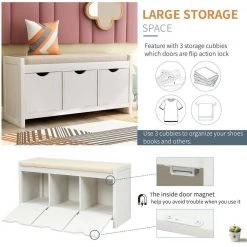 39 L x 14 W x 19.8 H in. White Storage Bench with Removale Cushion and 3 Flip Lock Storage Cubbies by Siavonce -OS Home Sales Shop white siavonce dining benches t y wf195385aak 1f 1000