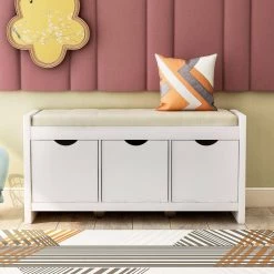 39 L x 14 W x 19.8 H in. White Storage Bench with Removale Cushion and 3 Flip Lock Storage Cubbies by Siavonce -OS Home Sales Shop white siavonce dining benches t y wf195385aak 31 1000