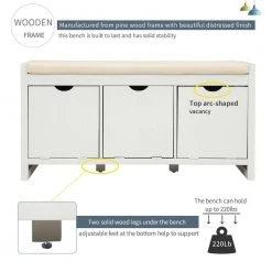 39 L x 14 W x 19.8 H in. White Storage Bench with Removale Cushion and 3 Flip Lock Storage Cubbies by Siavonce -OS Home Sales Shop white siavonce dining benches t y wf195385aak 44 1000