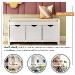 39 L x 14 W x 19.8 H in. White Storage Bench with Removale Cushion and 3 Flip Lock Storage Cubbies by Siavonce -OS Home Sales Shop white siavonce dining benches t y wf195385aak 4f 1000