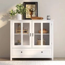 White Buffet Storage Cabinet with Double Glass Doors and Unique Bell Handle by Siavonce 17 White Buffet Storage Cabinet with Double Glass Doors and Unique Bell Handle by Siavonce -OS Home Sales Shop white siavonce sideboards buffet tables dj y w28227723 31 1000