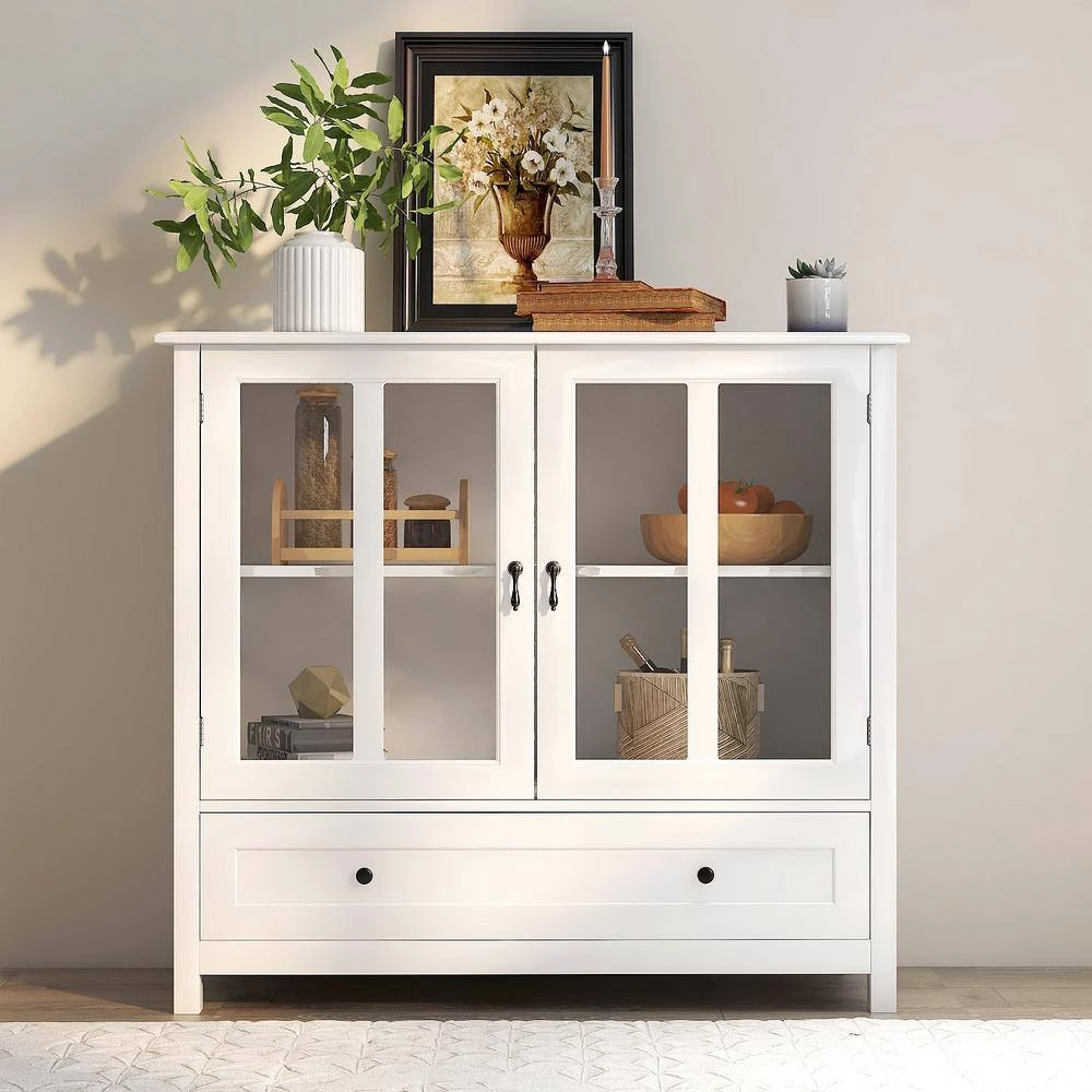 White Buffet Storage Cabinet with Double Glass Doors and Unique Bell Handle by Siavonce 10 White Buffet Storage Cabinet with Double Glass Doors and Unique Bell Handle by Siavonce - Image 8