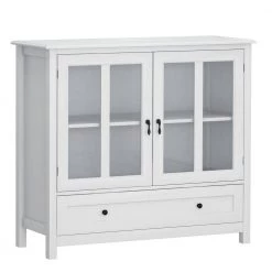 White Buffet Storage Cabinet with Double Glass Doors and Unique Bell Handle by Siavonce