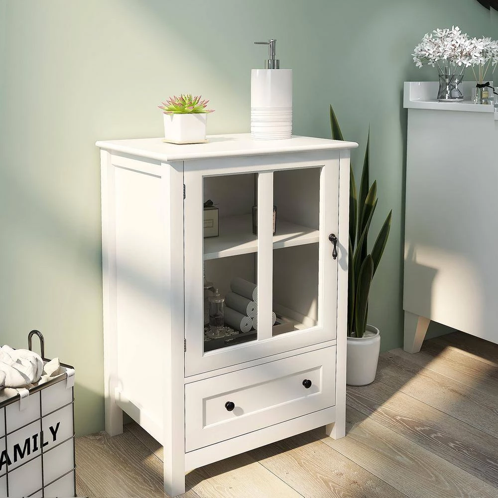 White Buffet Storage Cabinet with Single Glass Doors and Unique Bell Handle by Siavonce 4 White Buffet Storage Cabinet with Single Glass Doors and Unique Bell Handle by Siavonce - Image 2