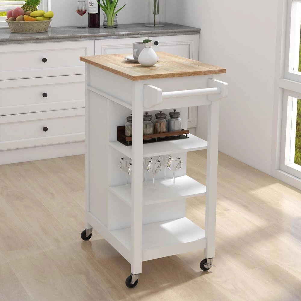 Kitchen Island Rolling Trolley Cart With Towel Rack Rubber Wood Table Top by Siavonce 4 Kitchen Island Rolling Trolley Cart With Towel Rack Rubber Wood Table Top by Siavonce - Image 2