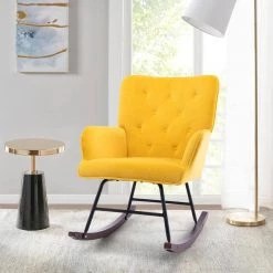 Yellow Velvet Fabric Comfortable Rocking Chair Living Room Chair With Wood And Iron Leg by Siavonce -OS Home Sales Shop yellow siavonce rockers gliders ottomans dj y w39533325 31 1000